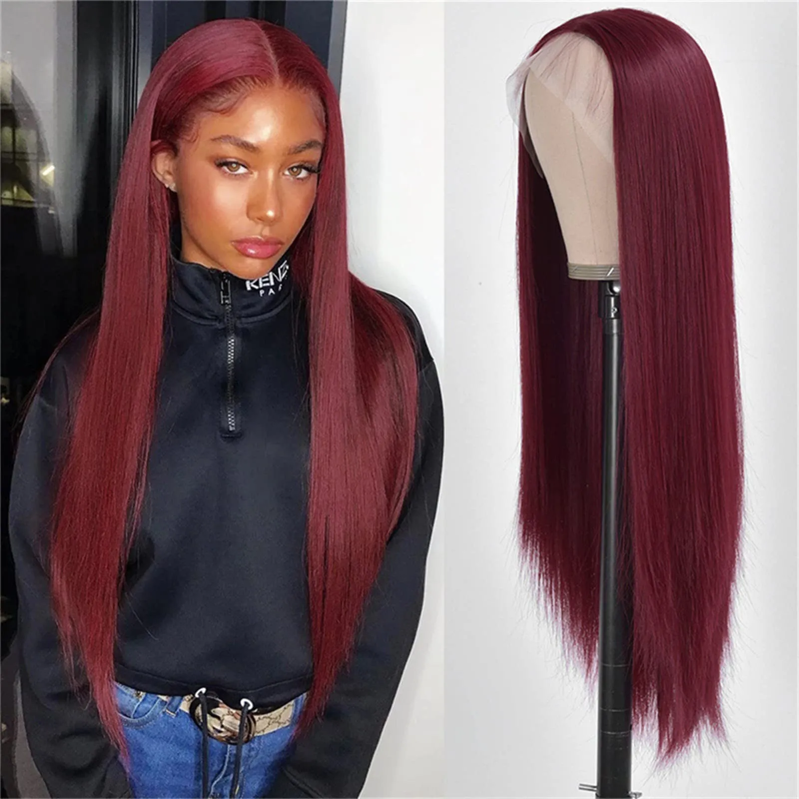 

Women Long Straight Wig Middle Split Bangs Long Straight Hair Chemical Fiber Headgear Burgundy cosplay wig for daily party