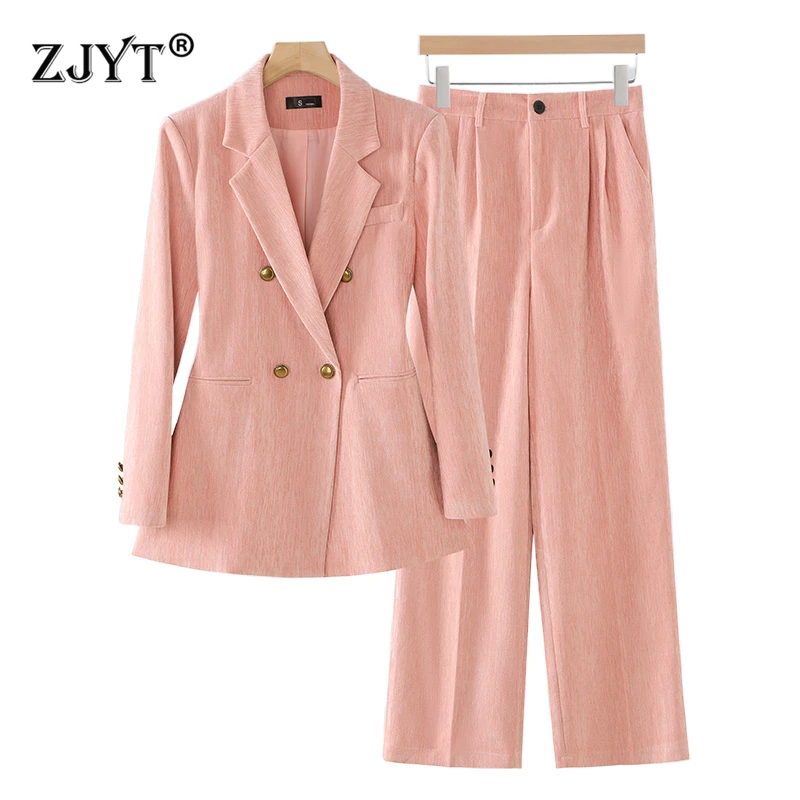 

ZJYT Ladies Double Breasted Blazer Pant Sets 2 Pieces Women Elegant Autumn Office Work Outfit Plus Size Jacket Trousers Suit