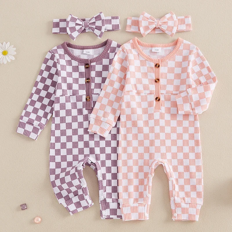 

Newborn Baby Girl Checkered Jumpsuit Ribbed Button-up Long Sleeve Round Neck Fall Romper Bow Headband Clothes Outfit