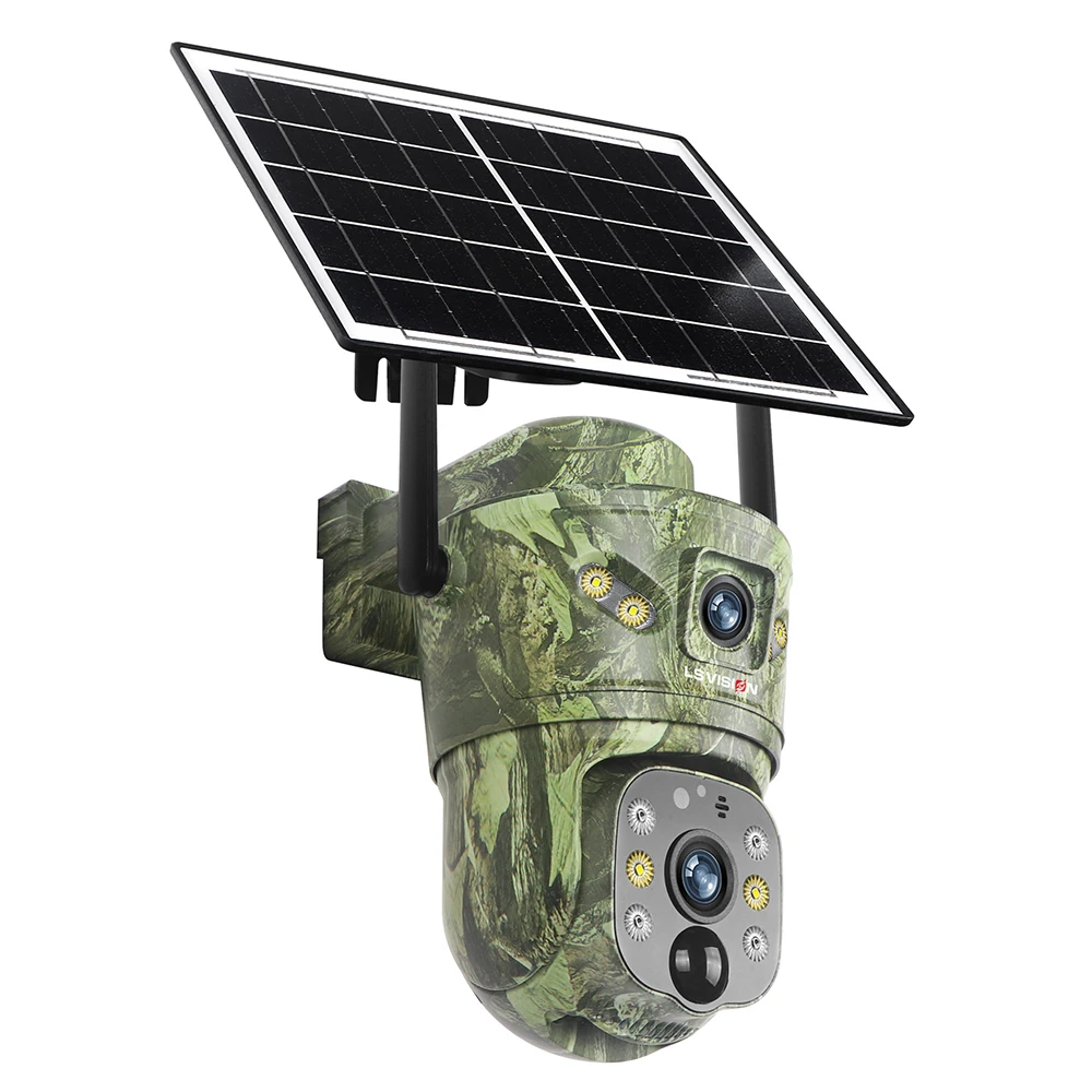 LS VISION 4K double écran 4G caméra de chasse solaire WiFi extérieur PTZ détection humaine/animal conversation bidirectionnelle caméras de sécurité étanches