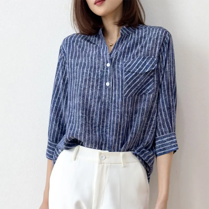 Women Silk Shirt 100% Mulberry Crepe Silk Stripe Blue Jeans Printed 3/4 Sleeve Pullover Top Blouse Office Lady Work M L XL M1066