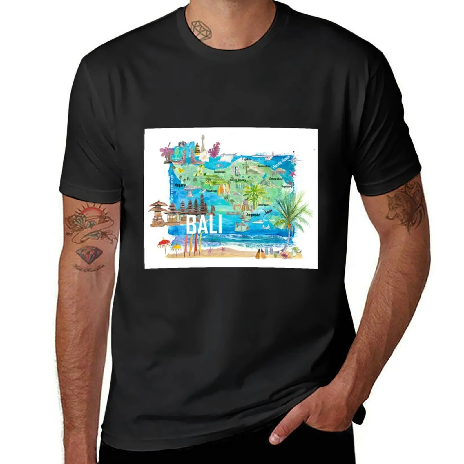 Bali Illustrated Island Travel Map with Tourist Highlights of Indonesia T-Shirt tops sports fans boys whites Men's clothing