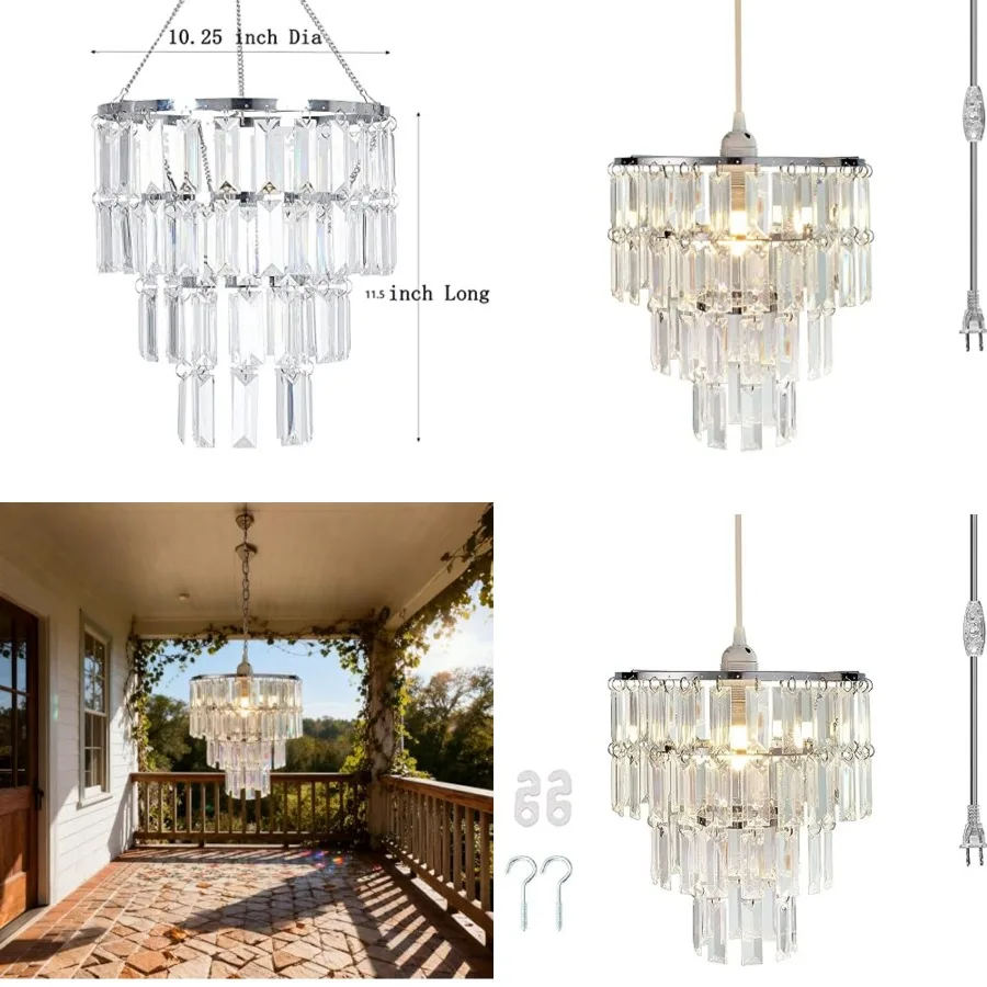 Plug in Modern Chandelier Faux Crystal Light Fixture Pendant, W10.25 X H11.5, with ON/Off Switch and 6.4ft Clear Hanging Cord f