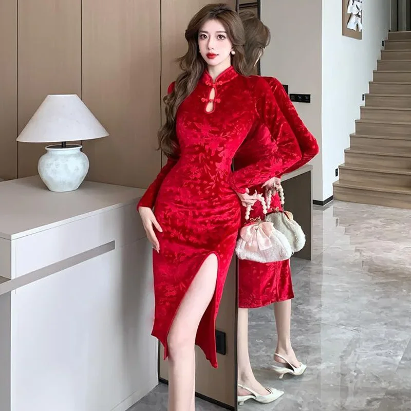 

Современное китайское платье Ципао Cheongsam, сексуальное черное винтажное восточное платье с принтом для женщин, танцевальное представление