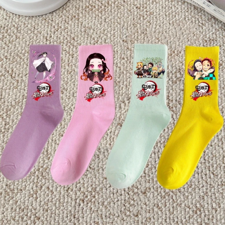 Calcetines Coloridos de Demon Slayer Kamado Tanjiro, Calcetines de Moda para Chicas Kamado Nezuko, Calcetines de Algodón Transpirable de Color Sólido, Calcetines de Tubo Medio Suaves