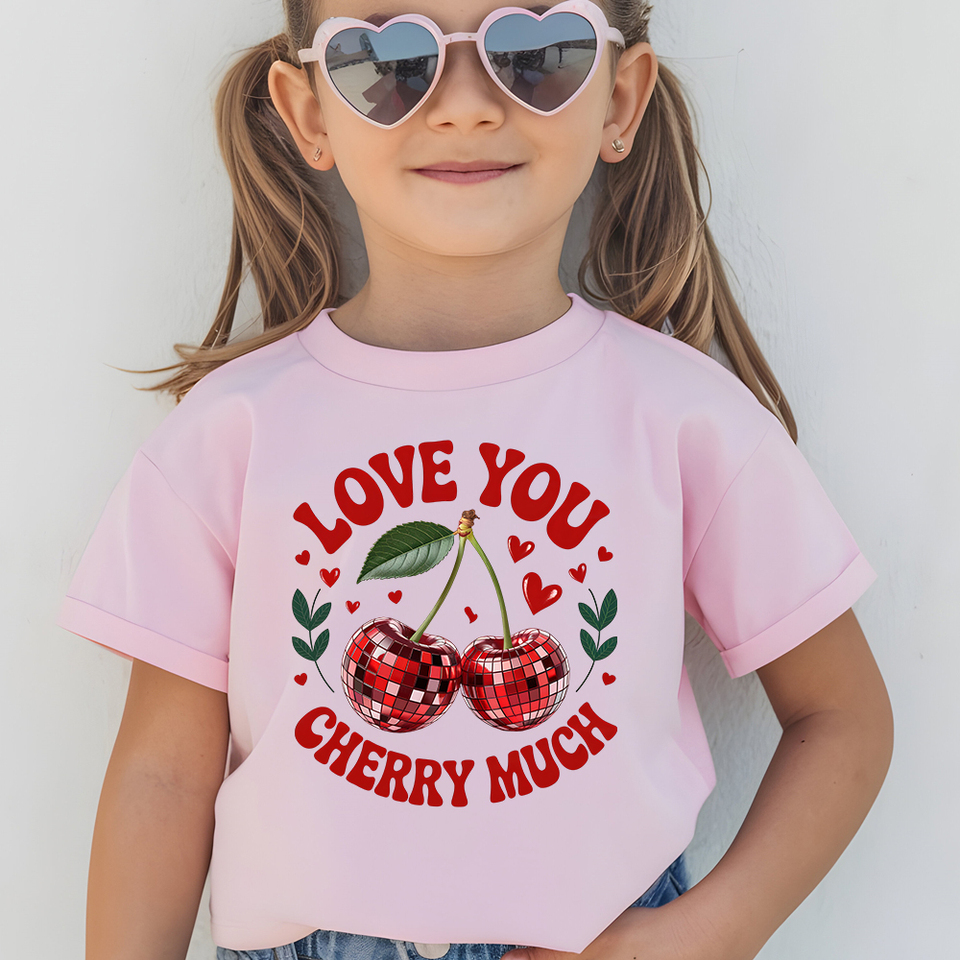  Love you Cherry much Print Pure Cotton Cloths Children’s Base Girl Comfortable T-shirt Outdoor O-neck Short Sleeve T-shirt 