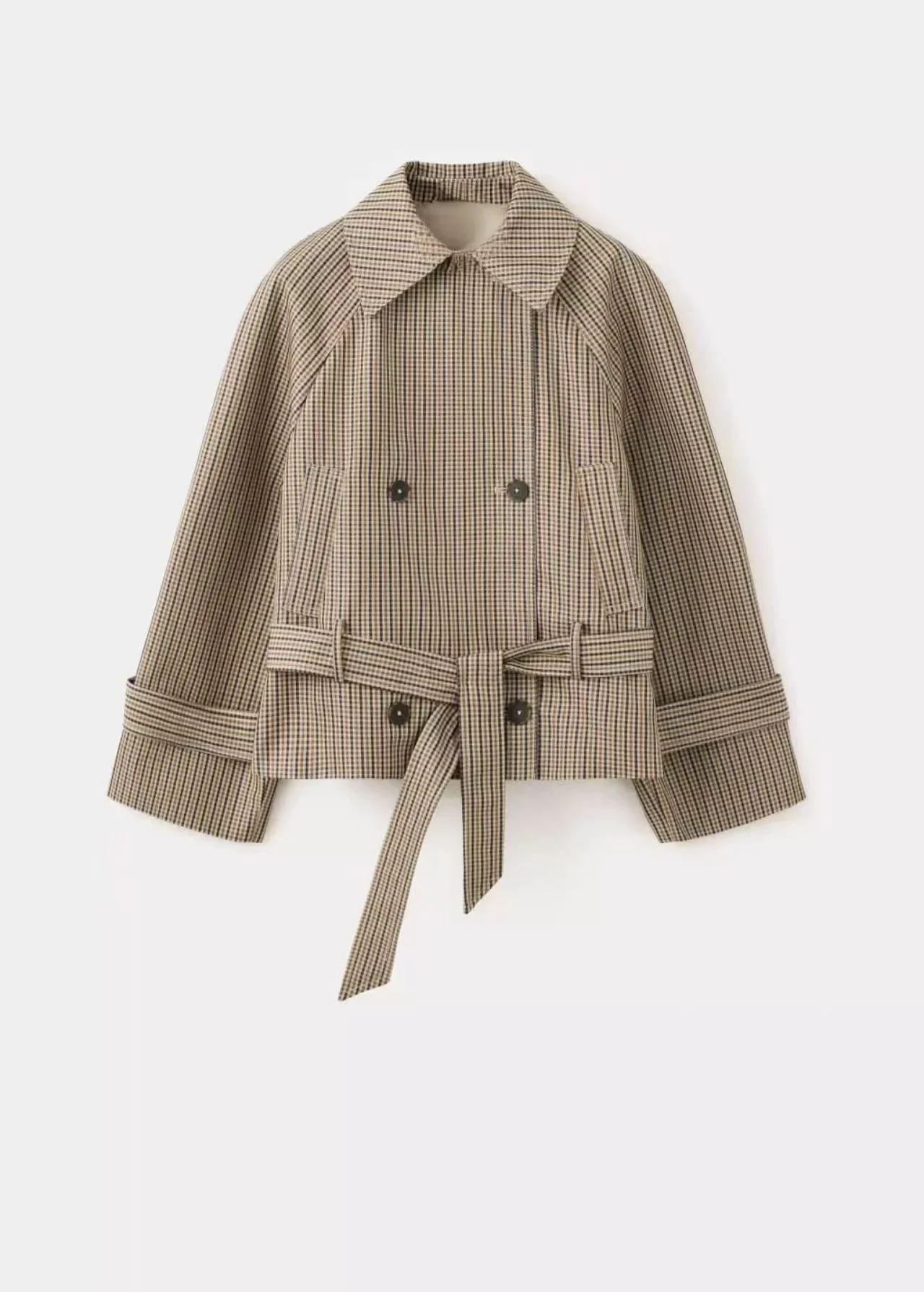 Damen-Kurz-Trenchcoat mit Karomuster, Revers, doppelreihiger Knopfleiste, Gürtel, langen Ärmeln, kurzer Windbreaker, lässige Oberbekleidung, Jacke – Detail 5