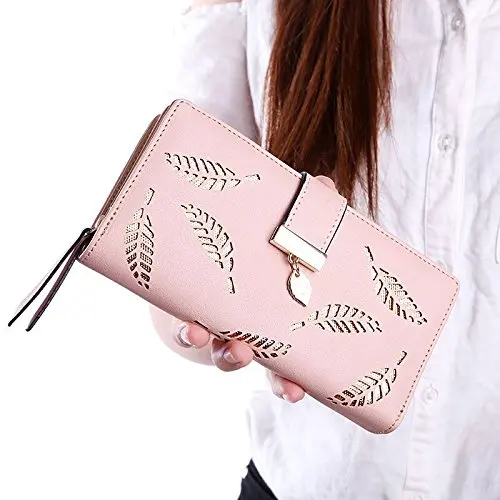 Long Women Bifold Hollowed Leaf Clutch Purse Multipockets Leather Wallet Blue