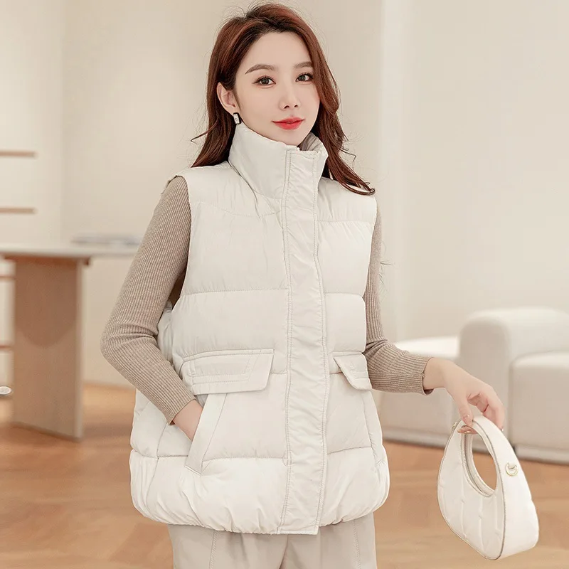 Versatile Stand Collar Short down Cotton Vest Korean Style Loose Fit Jacket A8870 Comfortable Casual British Style for Women