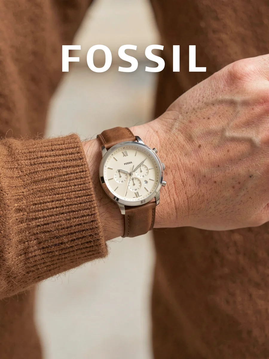 FOSSIL FS5380 Men Chronograph Quartz Watch Cream Roman Dial Brown Leather Strap Wristwatch For Daily Shopping Anniversary Gift