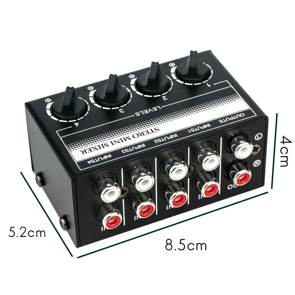 B02B-4 Channel Stereo Audio Mixer Support RCA Input and Output Mini Passive Stereo Mixer with Separate Volume Controls
