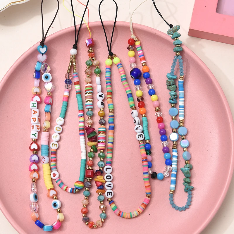 Fashion Women Clay Stone Beads Acrylic Mobile Phone Chain For Cellphone Strap Lanyard Hanging Cord Keychain Jewelry Accessories