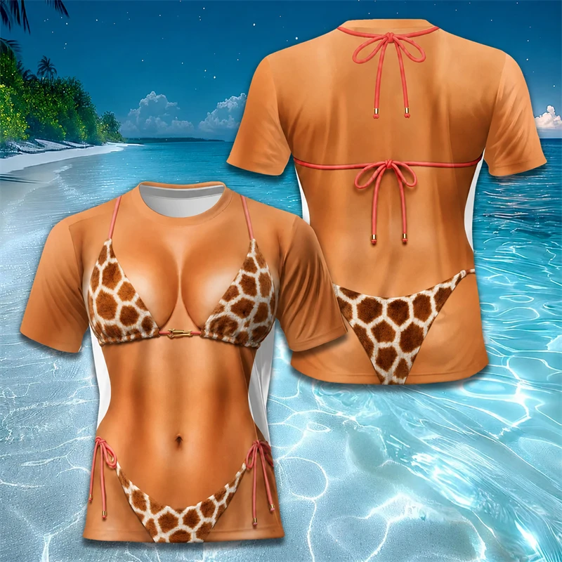 Women 3D Fake Bikini Print Short Sleeve T‑Shirt Leopard Animal Skin Graphic Tee Casual Tops Summer Beach Holiday Party Outfit