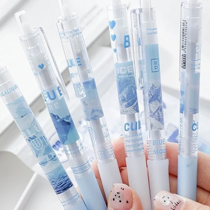 

6pcs/Set Blue Limited Edition High Aesthetic Instagrammable Retractable Pen Student 0.5mm Black Exam Study Pen Skip-Resistant