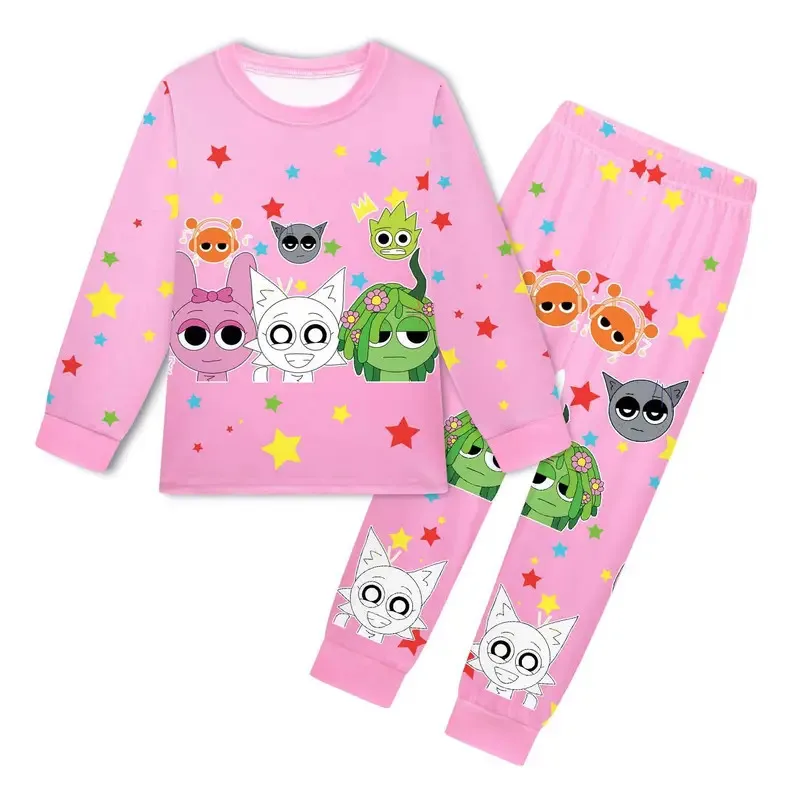 

25COSSprunki Фигурки с героями мультфильмов, весна-осень, детская футболка для девочек-подростков, штаны, комплект пижамной одежды из 2 предметов, детский топ, штаны с мягкими рукавами