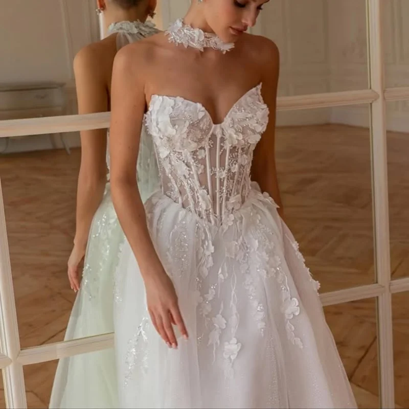 

Lace White Appliques Wedding Dresses off-shoulder A-line Long tail 3D flower decal vent Bridal Gowns Made Customized