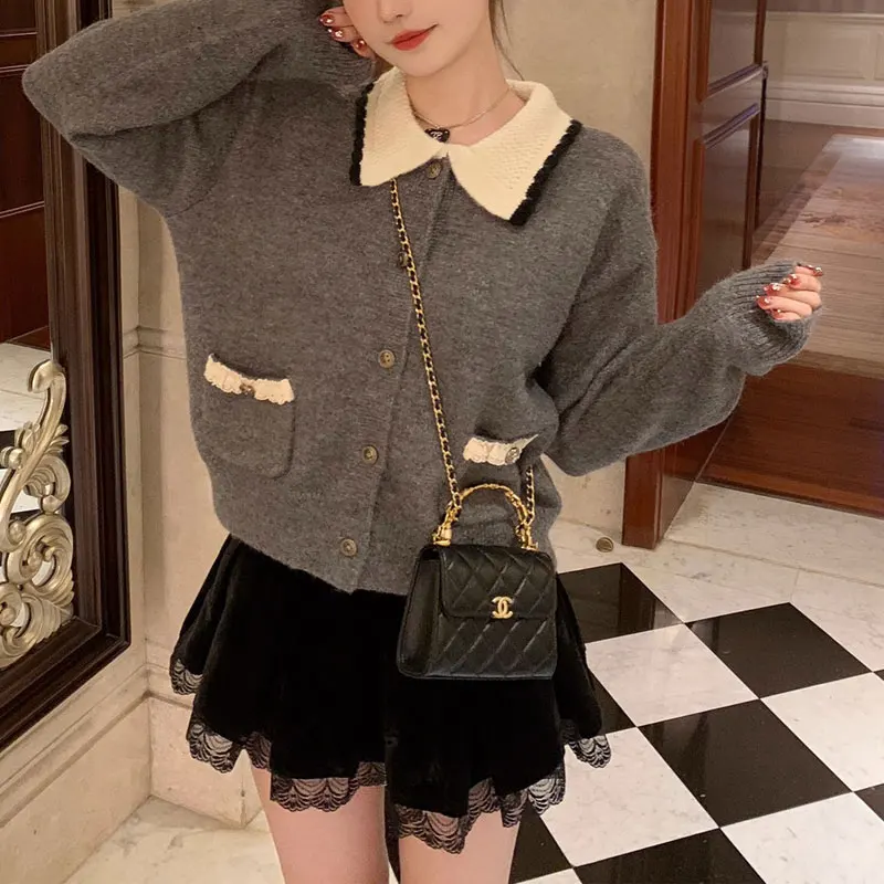 Vintage Sweet Doll Collar Sweaters Autumn Winter Solid Color Basic Female Clothing Knitted Stylish Pockets Lace Spliced Cardigan