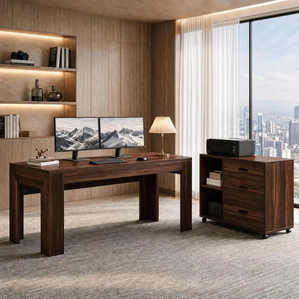 

63'' L Shaped Oice Desk with Ders and Shelves,Large Executive Desk with Rolling ile Cabinet Combo,Home Oice Computer Desk (Black