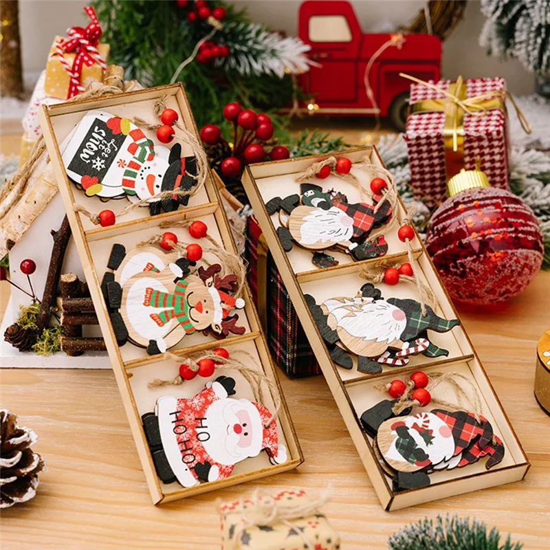 الترويج! عيد الميلاد الحلي صندوق خشبي الكرتون الطباعة ثلج جنوم الرجل العجوز عيد الميلاد شجرة خشبية قلادة دائم سهلة Inst #1