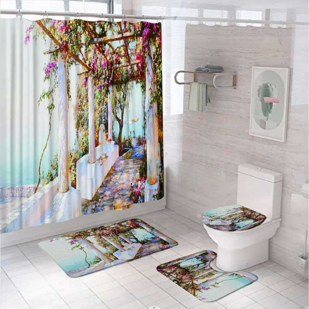 4Pcs Rural Oil Painting Landscape Shower Curtain Set Farmhouse Village Flower Bathroom Decor Screen Non-Slip Bath Rug Toilet Mat