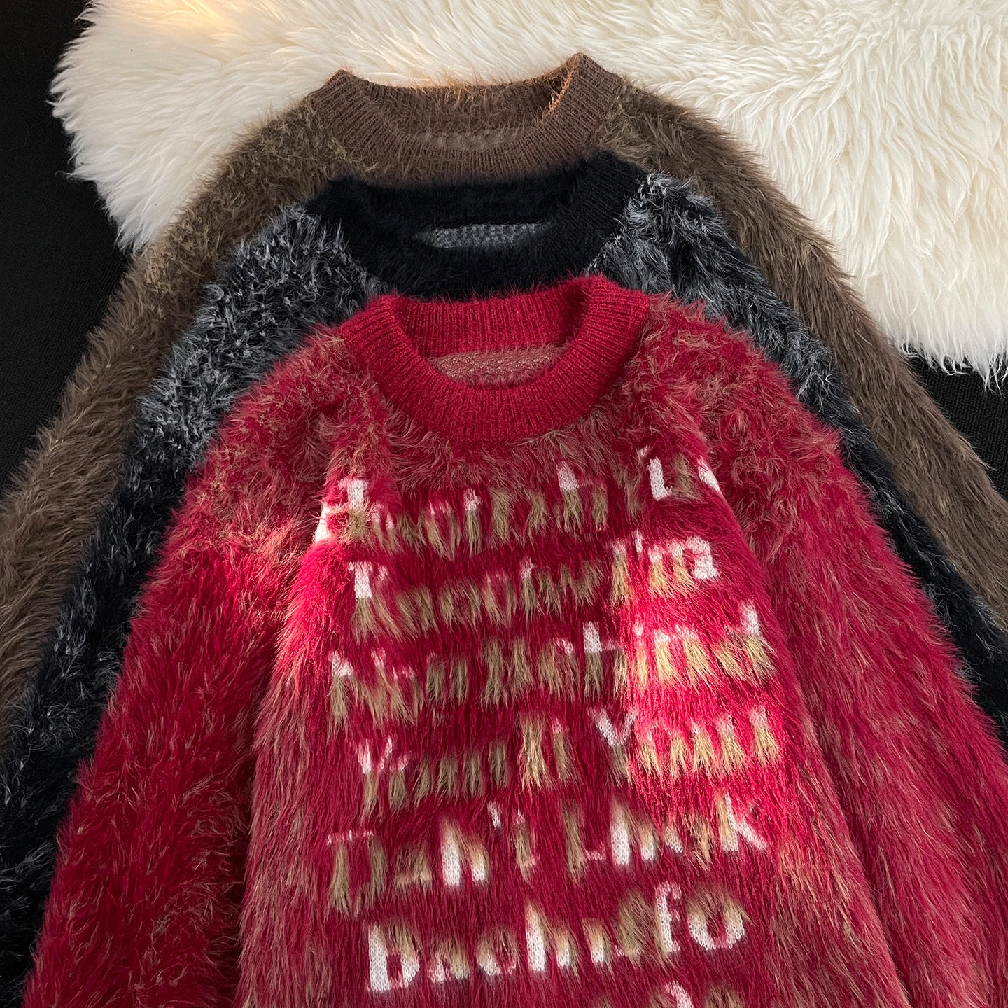 

Loose Men's Knitted Sweater Letter Print Fur Simulation Soft Warm Autumn Winter Casual Wear Comfortable Fit round Ne