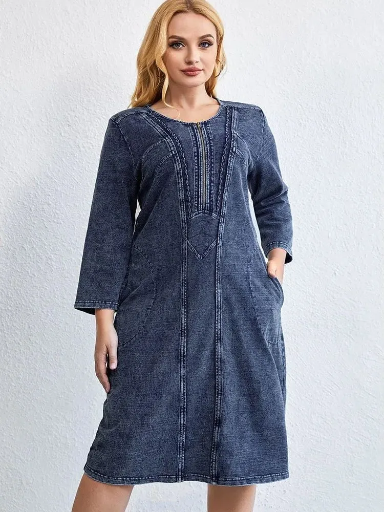 

plus Size Women's Casual Denim Dr Loose Fit Midi Dr Cleanfit Sle A-Line Sve No Chest Pad Winter Thiened Ladies' ...