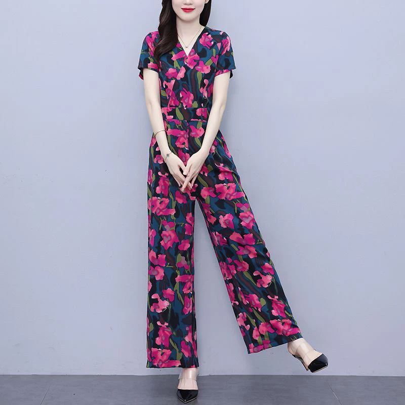 Faionable Floral Print Breite Bein Overall Set frauen Sommer Dünne Sle Abnehmen Hosenanzug Hohe Taille Koreanische Sle