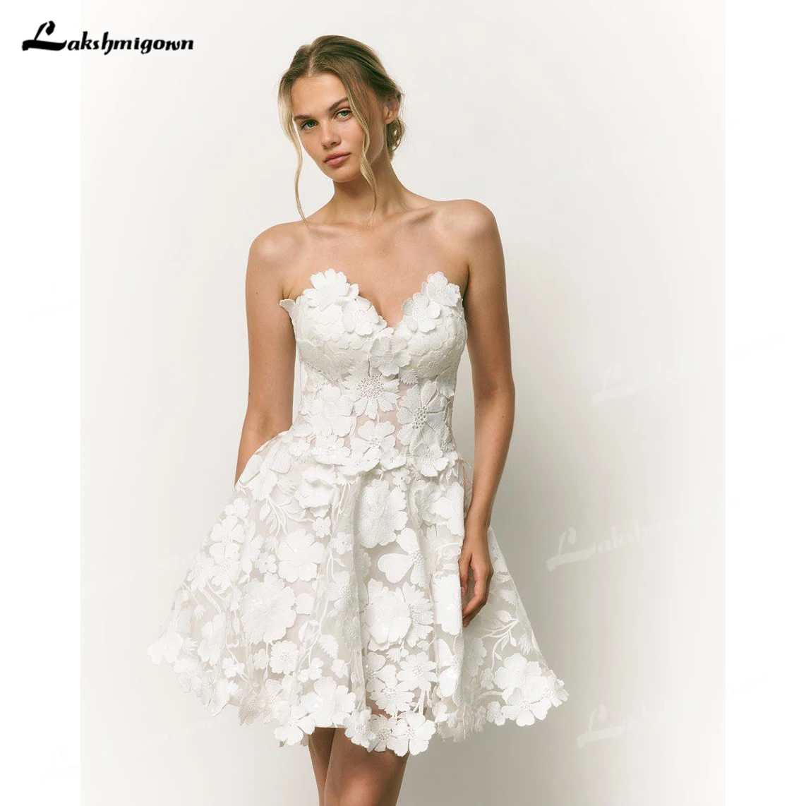 

Charming Strapless Knee-Length Bridal Dress 2026 Sweetheart Neck 3D Floral Lace Wedding Gowns Vestidos Para Mujer Customized