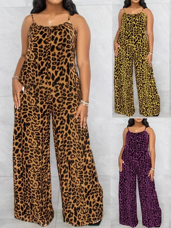 

Комбинезон большого размера с леопардовым принтом, длинные брюки с высокой талией, уличный костюм больших размеров, хлопчатобумажная ткань, прямые штаны