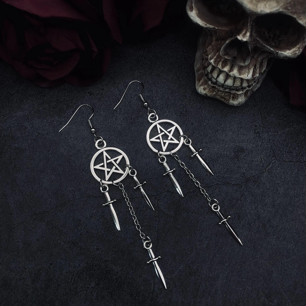 

Pentagram Swords Earrings Silver Plated Huggie Hoops Dangle Witchy Jewelry Pagan Wiccan Tarot Gothic Emo Women Accessories