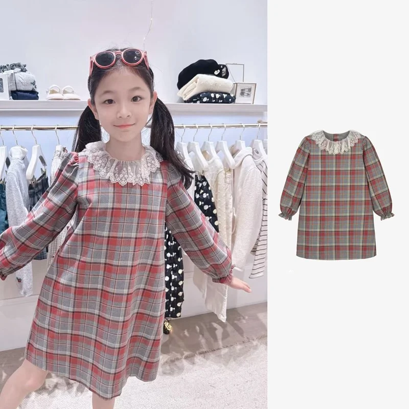 

Mother Kids 2025 New Autumn Plaid Girls Princess Dress Long Sleeve Lace Neck Fashion Clothing Children's Girls Casual Dresses