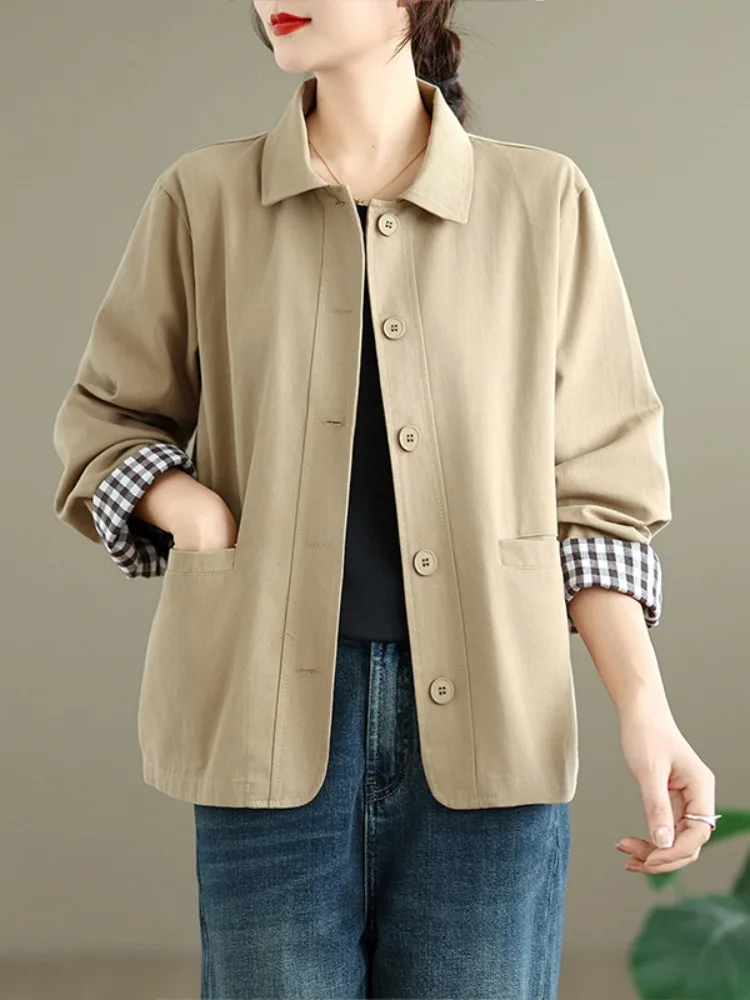 

Модная хлопковая короткая куртка для женщин: повседневное свободное пальто с длинными рукавами и отложным воротником, осенний сезон, омолаживающий эффект, для мам