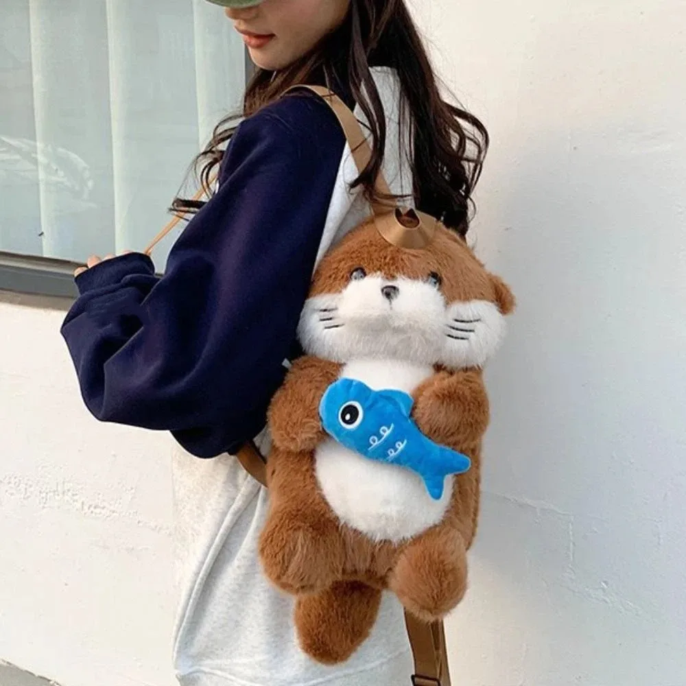 Adorable Otter Backpack Holding Fish Fluffy Simulation Animal Shoulder Bag Realistic Look Soft Student School Bag Casual Use