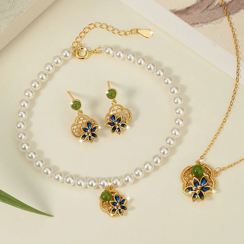 Four Leaf Grass Pearl Sterling Silver For Female China-Chic Palace Flower New Chinese Style And Tian Biyu Bracelet