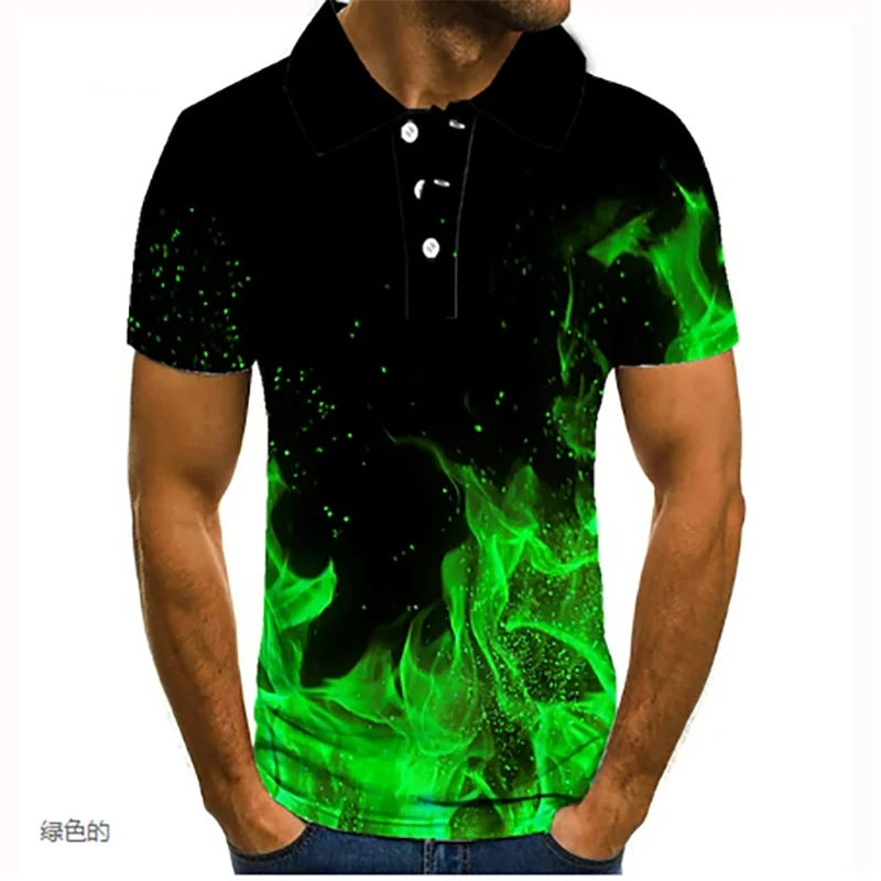 Mens Polo Shirt Tennis Shirt Golf Shirt Pattern Print Flame Neck Customized Print Yellow Red Purple Green 3D Printing