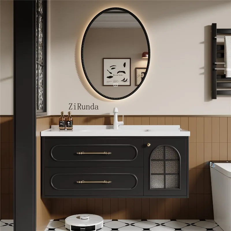 Armário de banheiro multicamadas estilo francês, combinação de armário de banheiro com bacia integrada de cerâmica