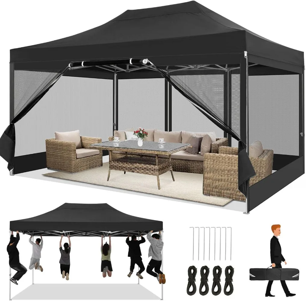 10x15 Pop Up Canopy Heavy Duty Tent with 4 Sidewalls, Commercial Gazebo Party Tent with Mosquito Netting Wall Easy Set Up