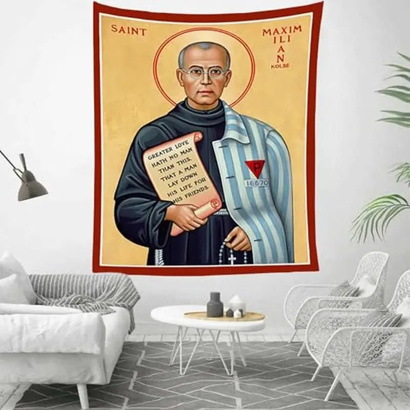 VIKAMA Saint Maximilian Kolbe Tapestry, Catholic Religious Wall Hanging, Saint Portrait Wall Decor for Bedroom Home