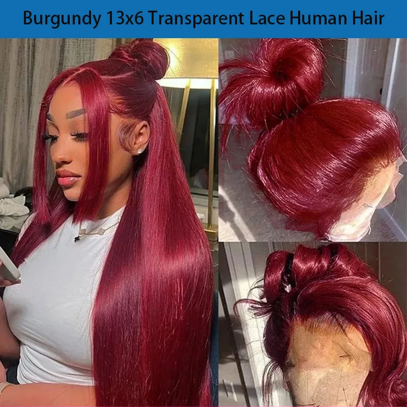 

99j/Burgundy Color Straight Transparent Lace Frontal Human Hair Wigs 13x6 Lace Frontal Wig For Women With Baby Hair 180% Density