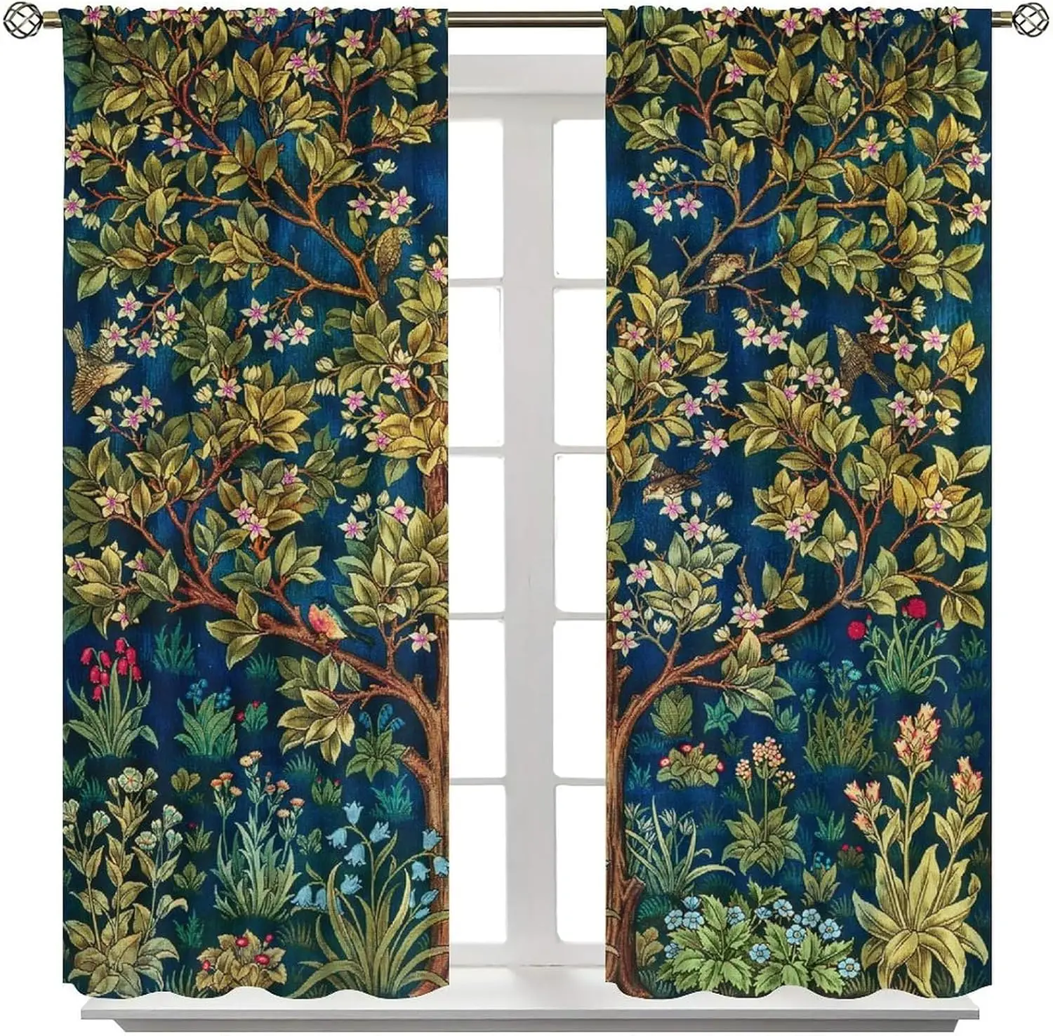 Vintage Forest Curtain Panels, Antique Tree Birds Lush Foliage Flower Art Print Drapes for Living Room Window Home Decor