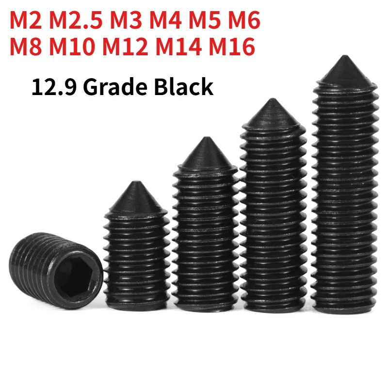 1-30pcs 12.9 Grade Black Cone Point Hexagon Socket Set Screw DIN914 Headless Grub Screw M2 M2.5 M3 M4 M5 M6 M8 M10 M12 M14 M16