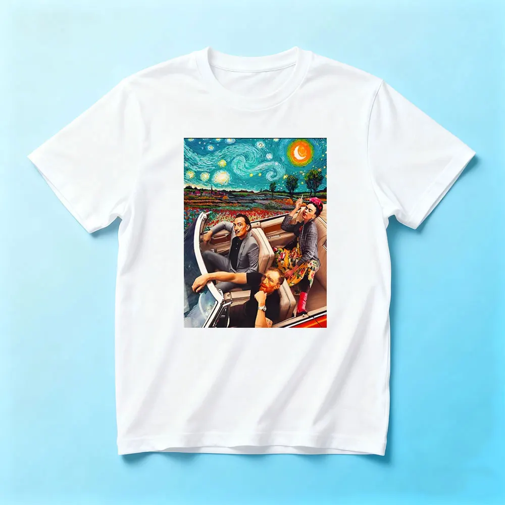 Camiseta Clássica Salvador Dali e Vincent Van Gogh e Frida Kahlo em Carro Noite Estrelada, Camiseta Frida Kahlo, Moda Masculina e Feminina