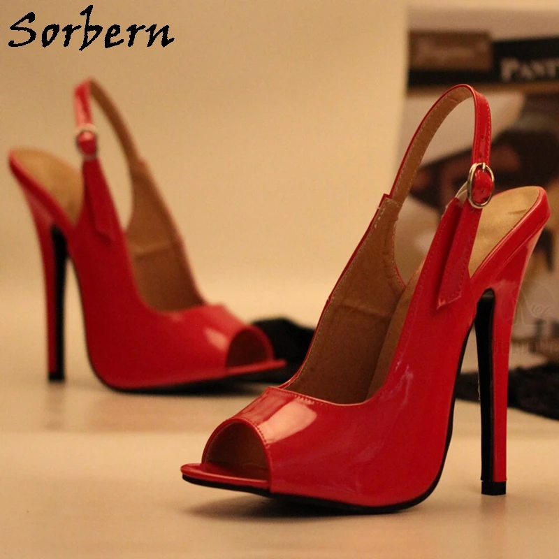 Sorbern Red Shiny Slingback Women Pump Shoes Women Stilettos Cute Open Toe Unisex Fetish Shoes Sissy Boy Party Heeled Custom