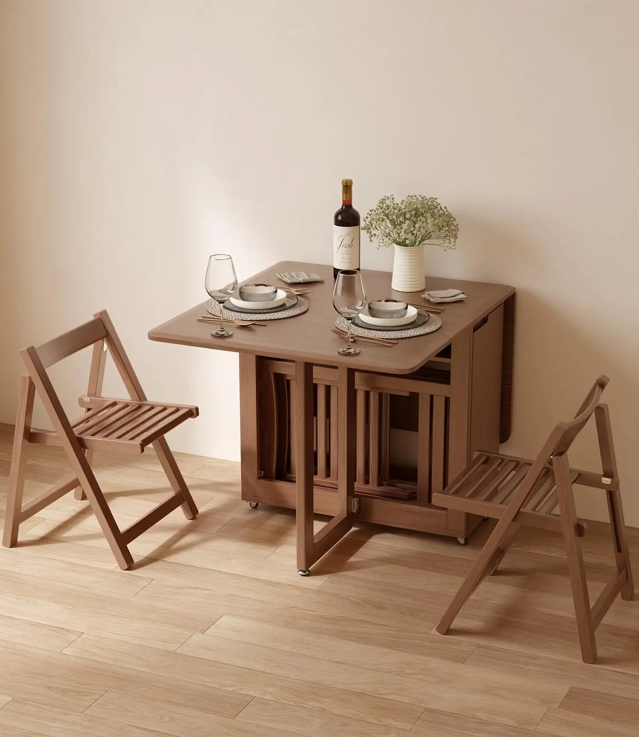 US Stock Modern Folding Dining Table Set 4-Foldable Chairs Space-Saving Extendable Solid Wood Drop Leaf Home Furniture ZDCZ006