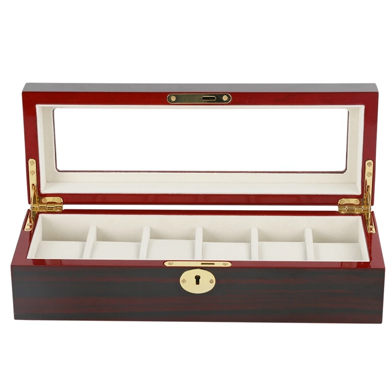 

6-Slot Wine Red Solid Wood Watch With Lock Storage Box