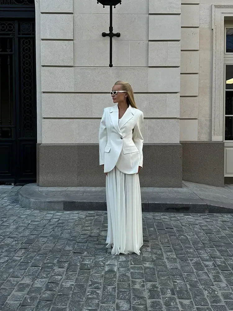 Elegante blazer de escritório feminino, lapela, manga comprida, peito único, almofadas de ombro femininas, senhora casual, branco, novo, outono, 2024