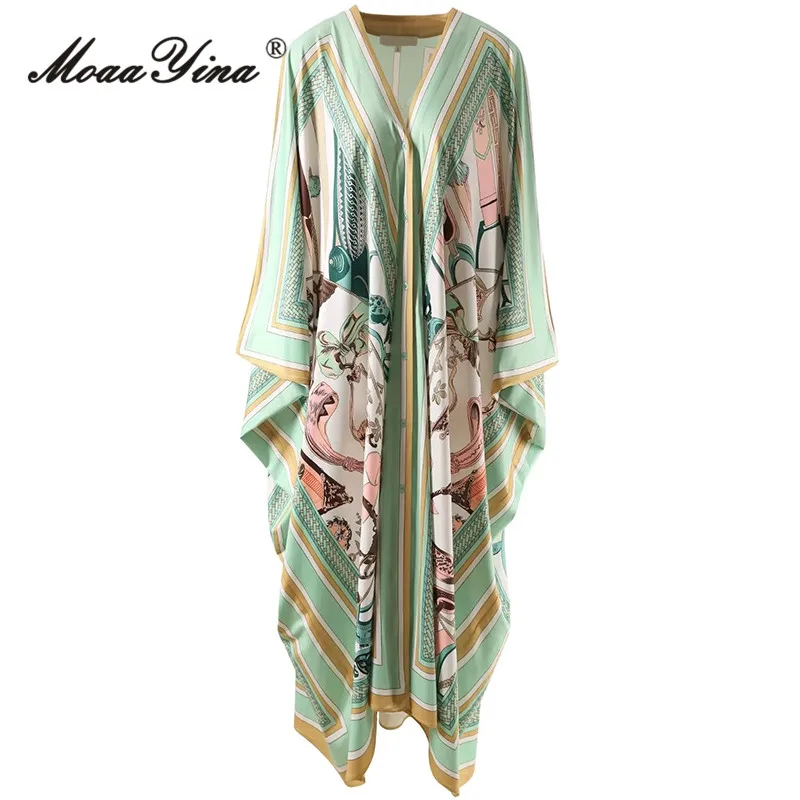 

MoaaYina Autumn Fashion Designer Vintage Pattern Printed Dress Women V Neck Long Sleeve Single Breasted Loose Casual Maxi Dress