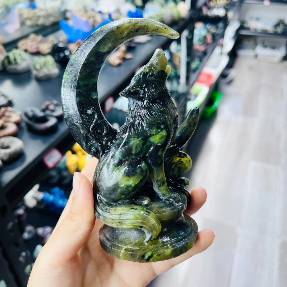 Natural Green Jade Moon Wolf Animal Carving Feng Shui Healing Home Decor Lucky Gift Fashionable Decorative Item