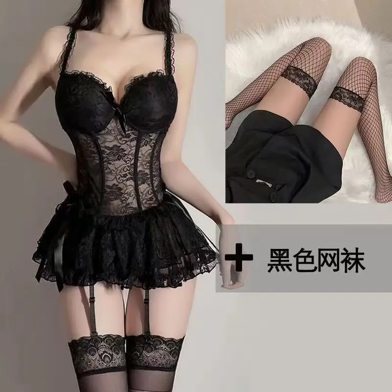 

Сексуальное женское нижнее белье с маленькой грудью, пуш-ап на косточках, юбка на подтяжках, черные чулки, униформа, соблазнительный комплект для кровати Passion