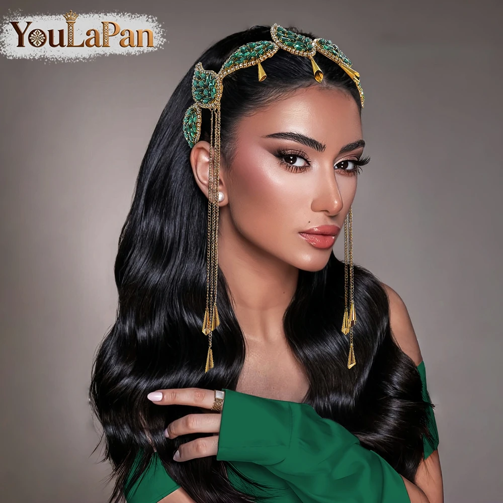

YouLaPan Luxury Green Color Rhinestone Leaf Bride Headband Golden Color Metal Tassel Hair Hoop Wedding Hair Accessories A365